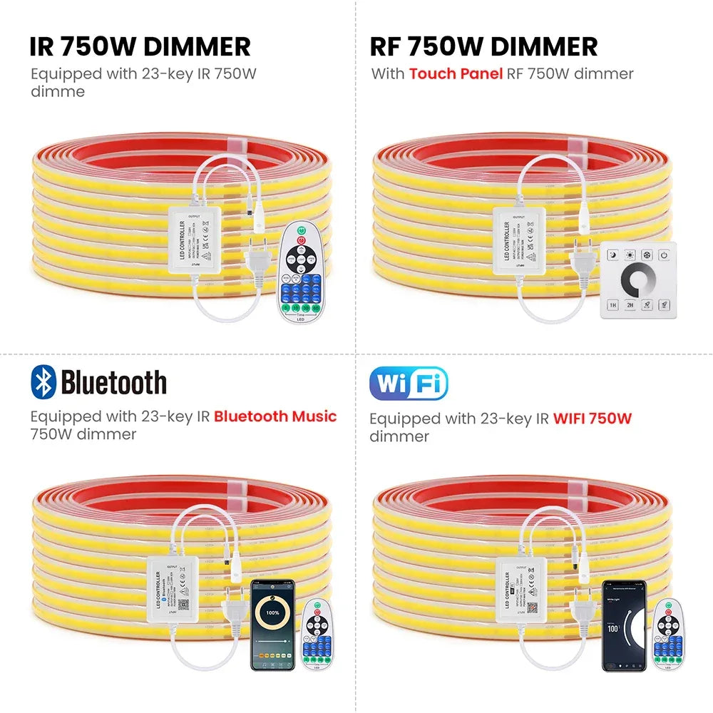 220V Dimmable COB LED Strip Light WIFI Bluetooth Wall Touch 23key Remote Control Power Kit 288LED IP67 Waterproof Flexible Lamp - 1Tecbuy