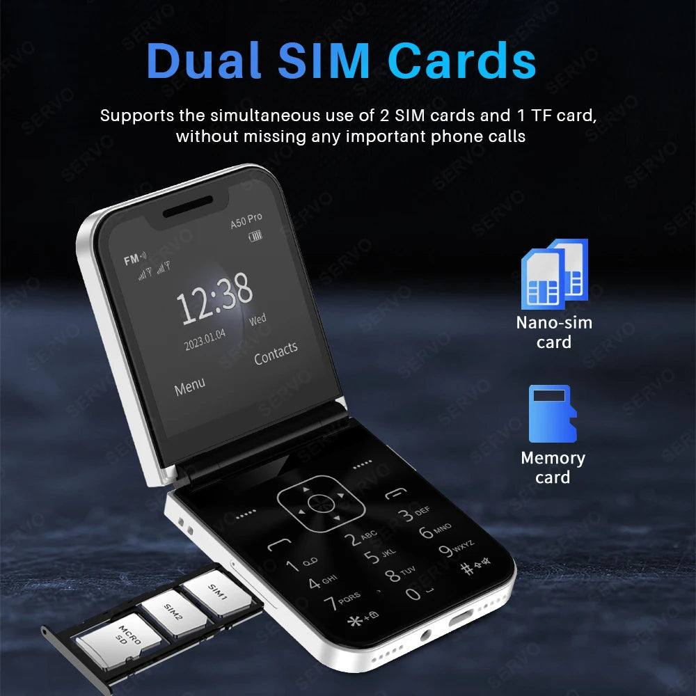 SERVO A50 PRO Flip Mobile Phones Magic Voice Blacklist Dual SIM Call Record Speed Dial Foldable Cellphones 2.4" Display Type-C