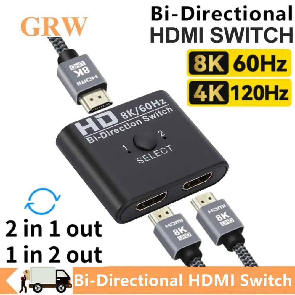 8K 60Hz HDMI-Compatible Switch Splitter Bi-Direction 1x2/2x1 HDMI-compatible Switcher 2 in1 Out for PS4 TV Box Switcher Adapter - 1Tecbuy
