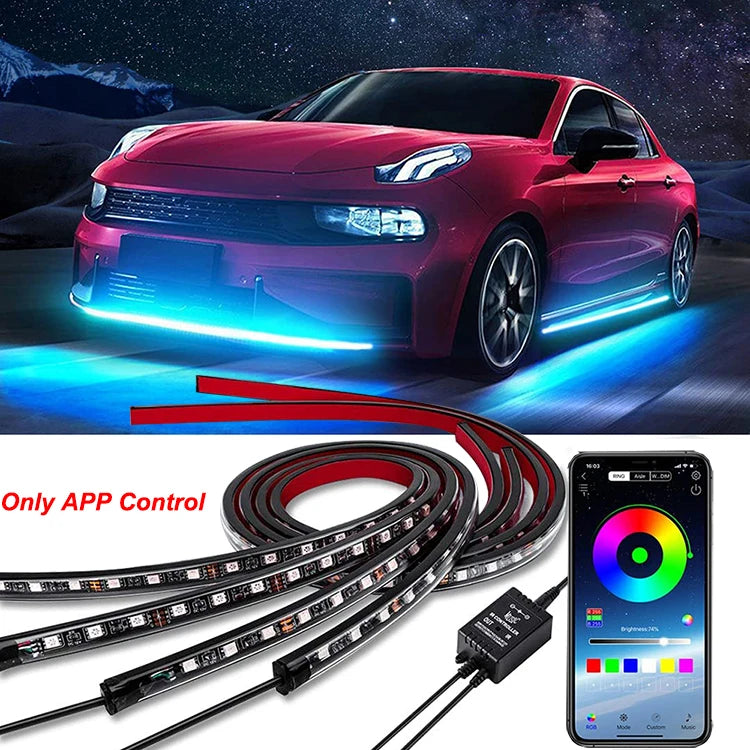 Neon LED Car Bottom Underglow Strip Lights Bar with Remote APP 16 Million Color Music DIY RGB Exterior Underbody Light 120x150cm