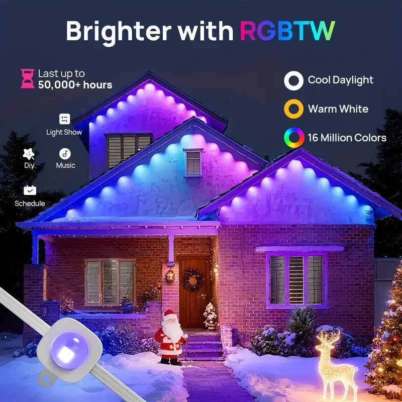 Year Christmas Birthday DIY Lighting 60M Smart RGB Eave Lights App & Remote IP67 Permanent Outdoor LED String Lights - 1Tecbuy