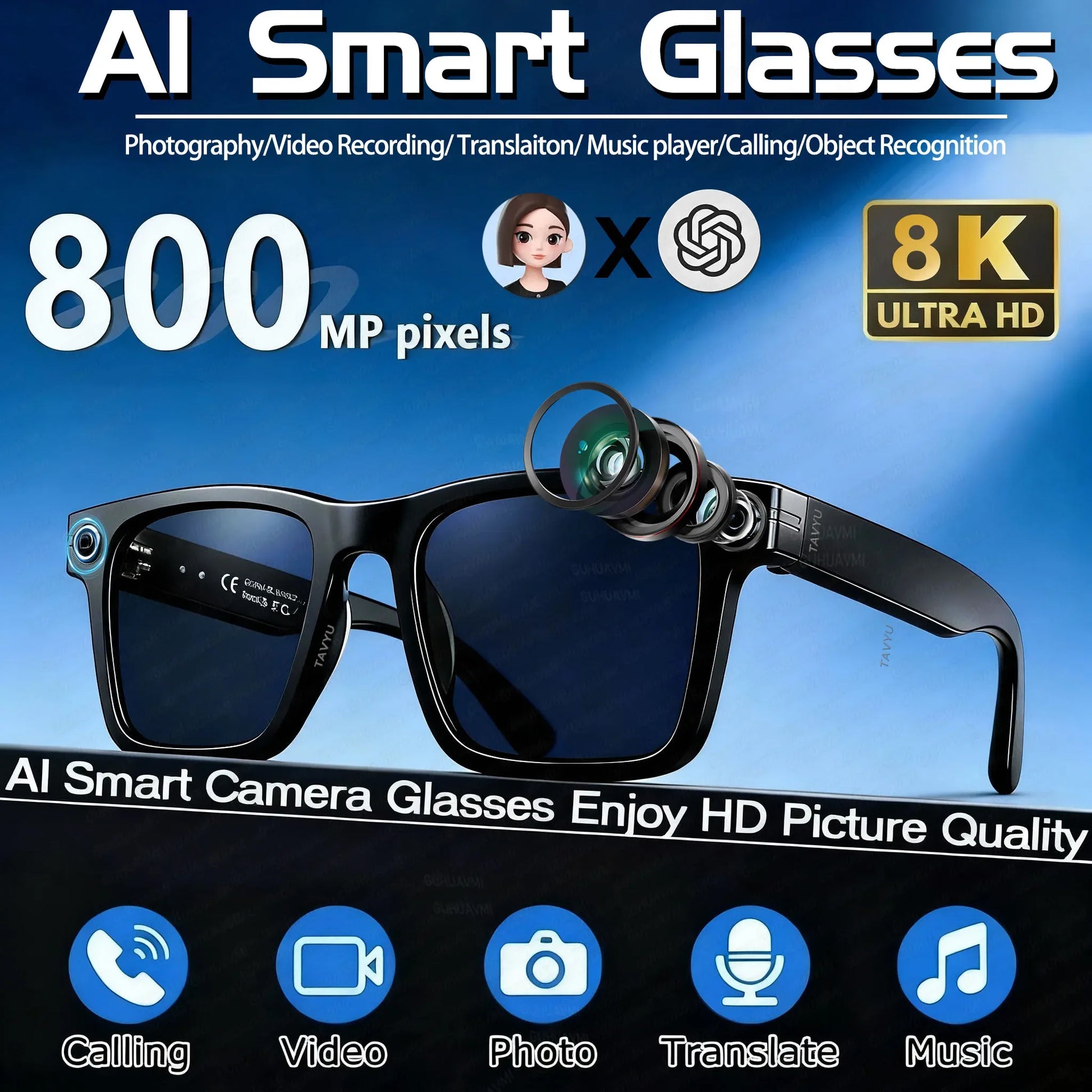 2026 Fashion AI Smart Bluetooth Glasses 800MP Picxel Bluetooth Call Playing Music Men Women WIFI Smart Sunglasses Camera Control - 1Tecbuy