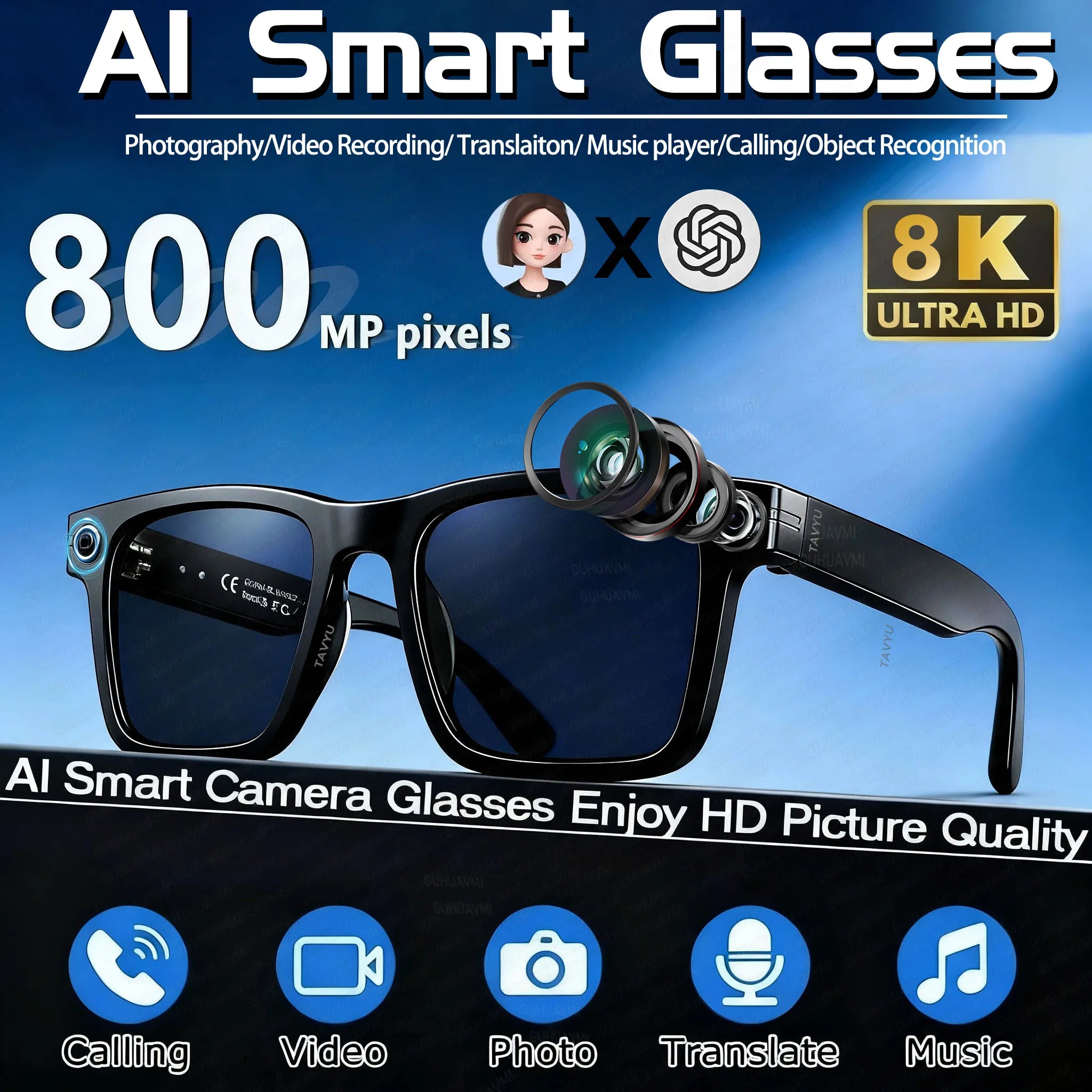 2026 Fashion AI Smart Bluetooth Glasses 800MP Picxel Bluetooth Call Playing Music Men Women WIFI Smart Sunglasses Camera Control