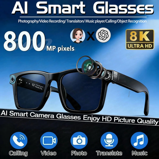 2026 Fashion AI Smart Bluetooth Glasses 800MP Picxel Bluetooth Call Playing Music Men Women WIFI Smart Sunglasses Camera Control - 1Tecbuy