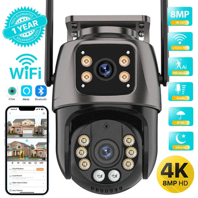 4K 8MP HD Wifi PTZ Camera Outdoor 4MP Dual Lens Dual Screen AI Auto Tracking IP Camera CCTV Audio Video Surveillance P2P iCSee - 1Tecbuy