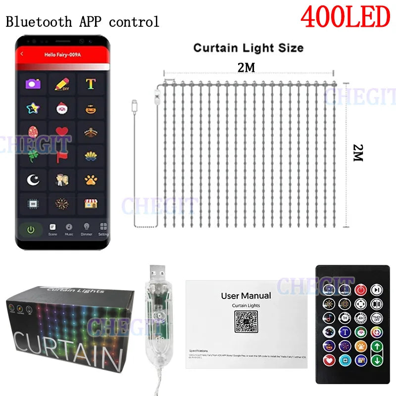 2m*2m/3m Smart Curtain Lights Bluetooth App LED String RGB Fairy Lights DIY Music Change Display for Window Bedroom Decoration