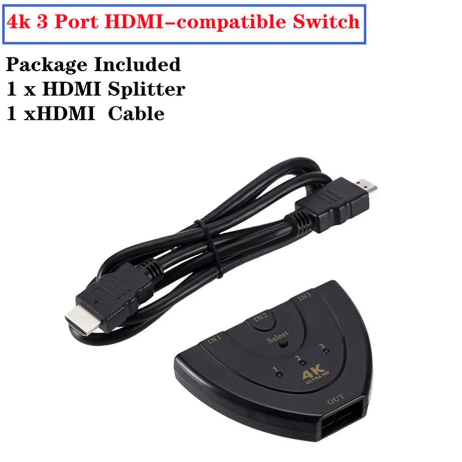 4K 2K 3x1 HDMI Cable Splitter HD 1080P Video Switcher Adapter 3 Input 1 Output Port HDMI Hub for Xbox PS4 DVD HDTV PC Laptop TV