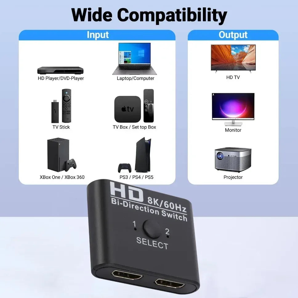 8K 60Hz HDMI-Compatible Switch Splitter Bi-Direction 1x2/2x1 HDMI-compatible Switcher 2 in1 Out for PS4 TV Box Switcher Adapter - 1Tecbuy