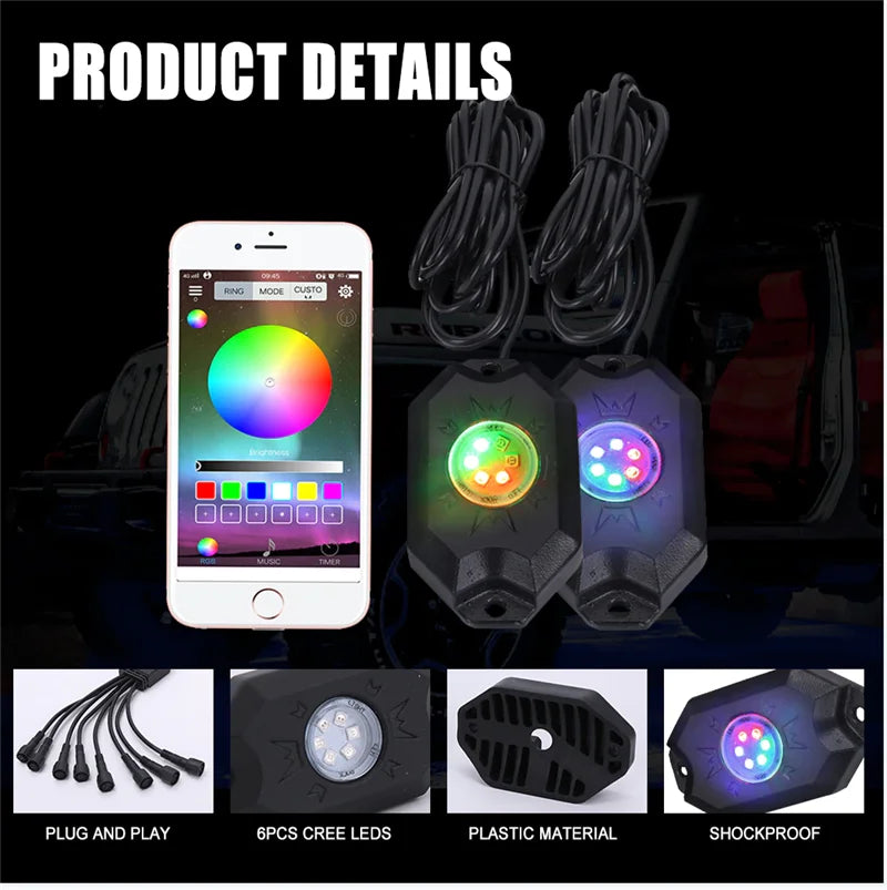 SENLO 4 Pods RGB LED Rock Light APP Control Music Neon Car Underglow Chassis Light for Offroad Truck SUV Rock Lights