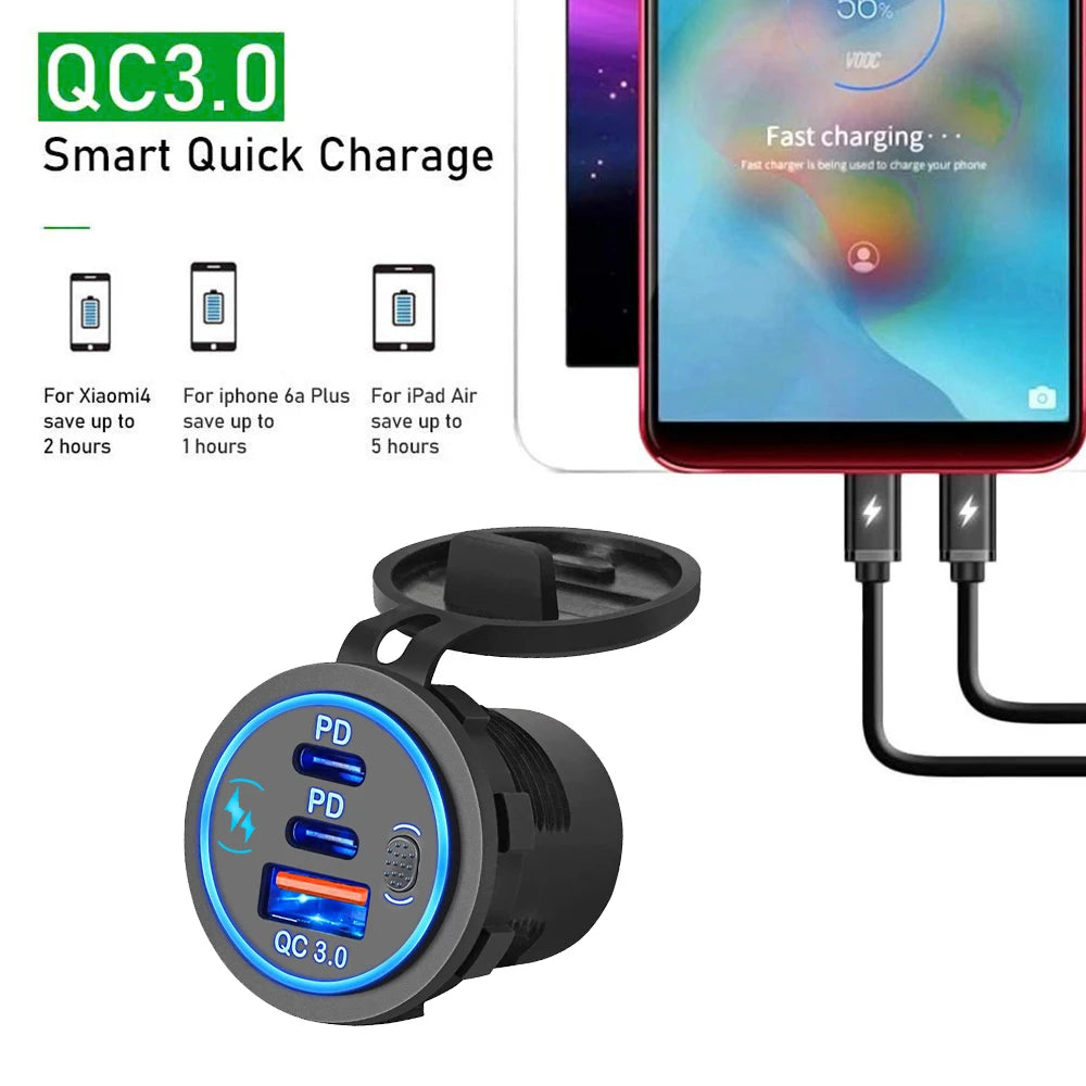 Car Charger Socket PD3.0 & QC3.0 Double USB C Ports Waterproof with LED Touch Switch 78W Fast Charging 12V/24V For Moto Adapter
