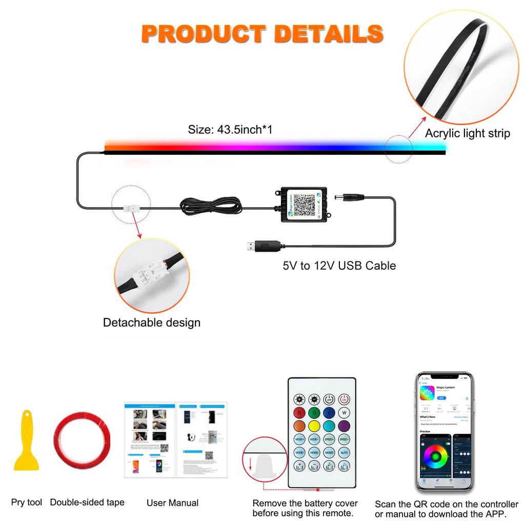 Universal Symphony Car Ambient Lights LED Interior RGB Streamer Atmosphere Lamp USB APP Control Remote for Tesla Model 3 Y S X