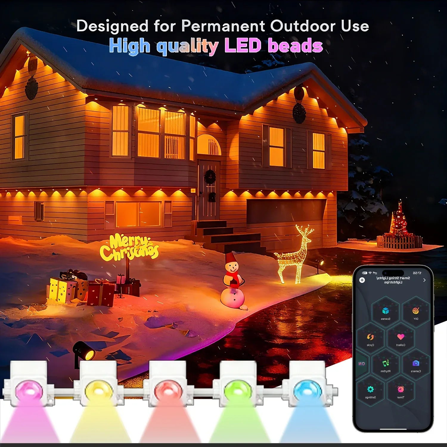 Year Christmas Birthday DIY Lighting 60M Smart RGB Eave Lights App & Remote IP67 Permanent Outdoor LED String Lights - 1Tecbuy