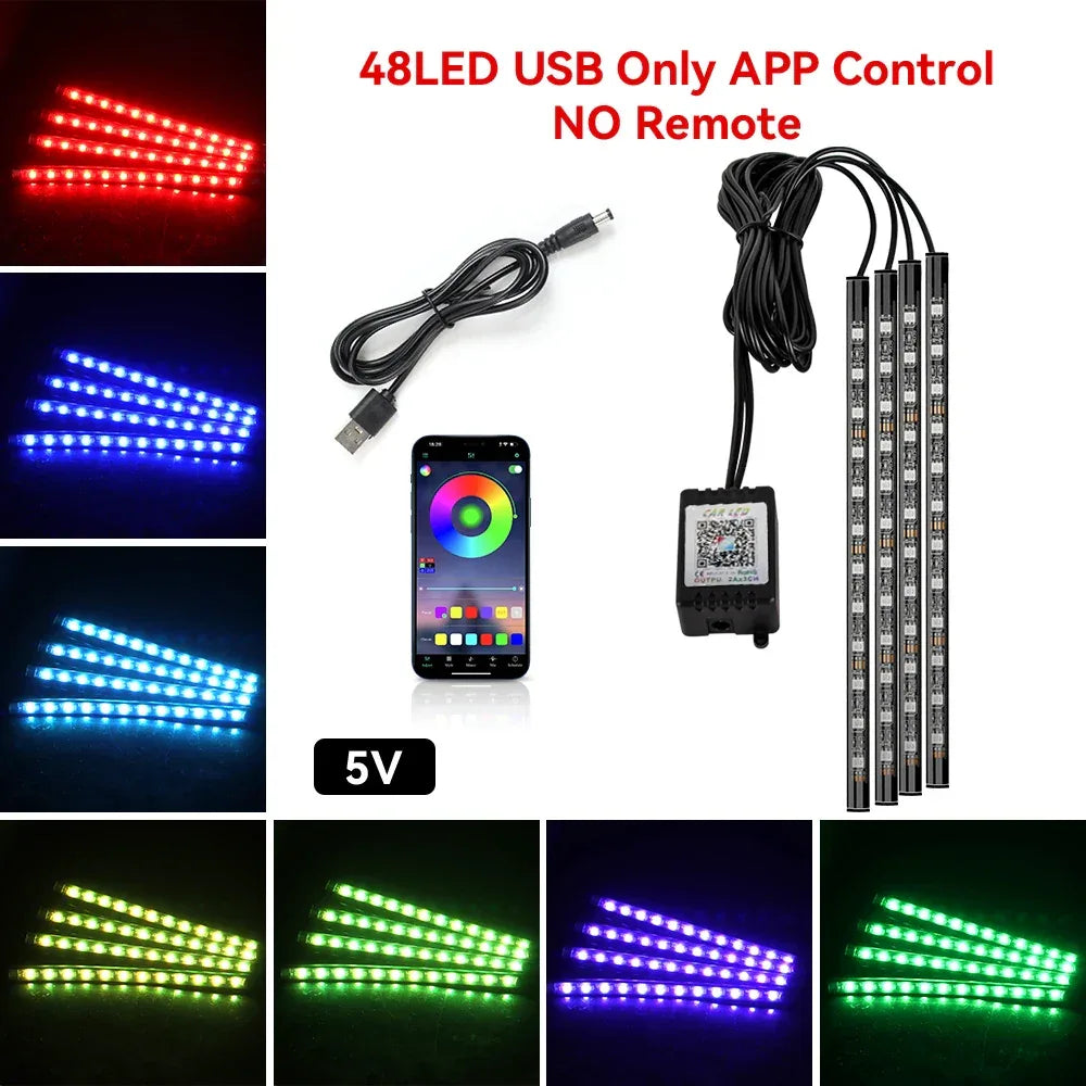 5V/12V Car Interior Ambient Foot Light Music APP USB/Cig Backlight Atmosphere Decorative Strip Lamp Neon For Auto Vehicle - 1Tecbuy