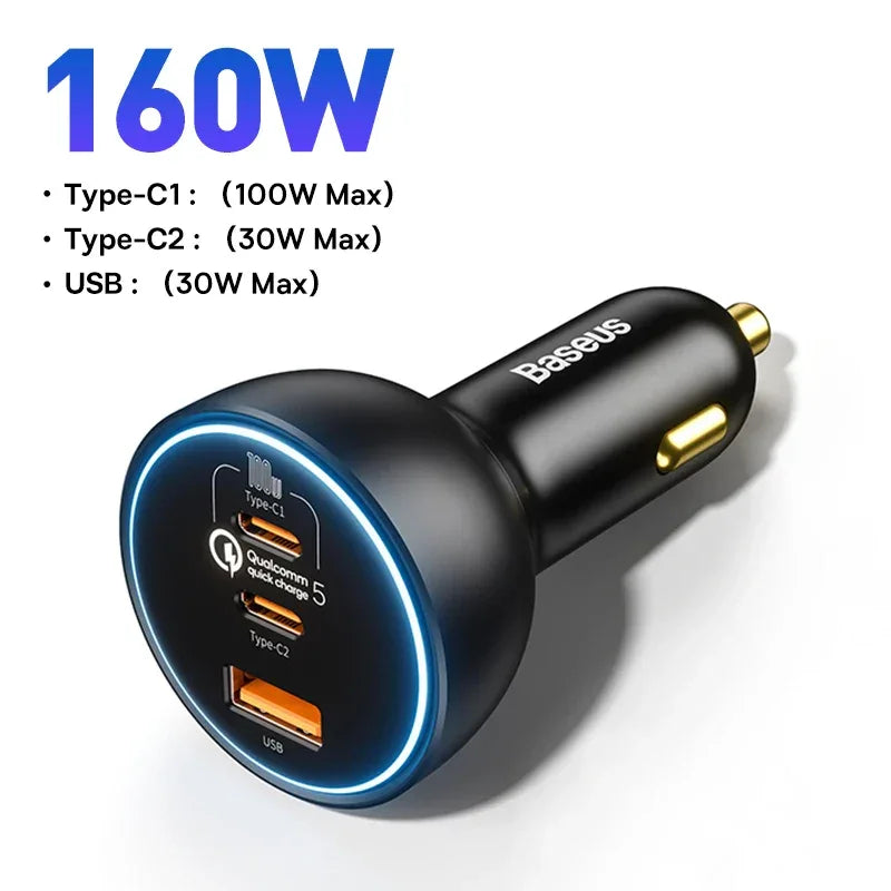 Baseus 160W Car Charger QC 5.0 Fast Quick Charging PPS PD3.0 USB Type C Car Phone Charge For iPhone 13 14 15 Pro Laptops Tablets - 1Tecbuy