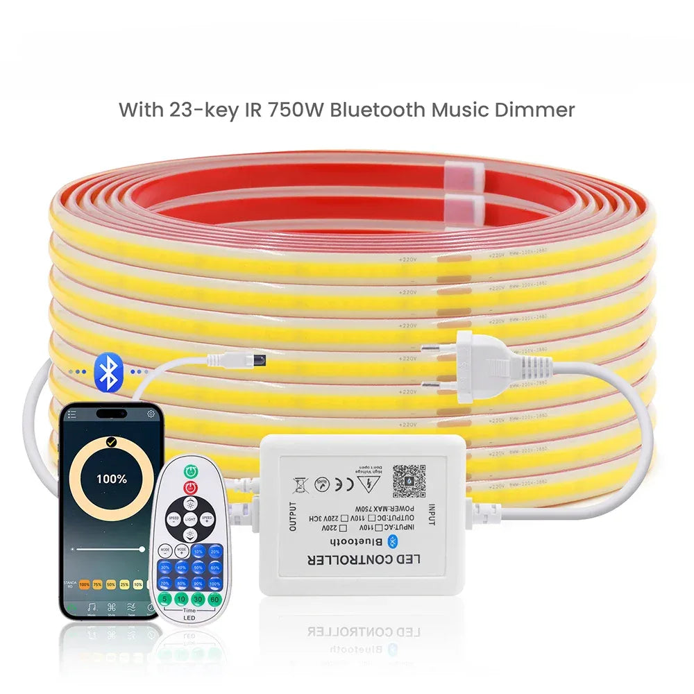 220V Dimmable COB LED Strip Light WIFI Bluetooth Wall Touch 23key Remote Control Power Kit 288LED IP67 Waterproof Flexible Lamp - 1Tecbuy