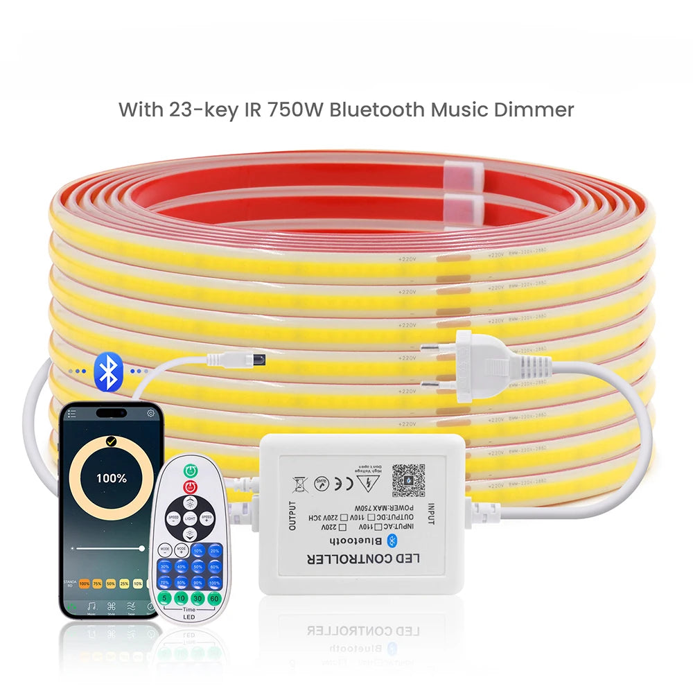 220V Dimmable COB LED Strip Light WIFI Bluetooth Wall Touch 23key Remote Control Power Kit 288LED IP67 Waterproof Flexible Lamp