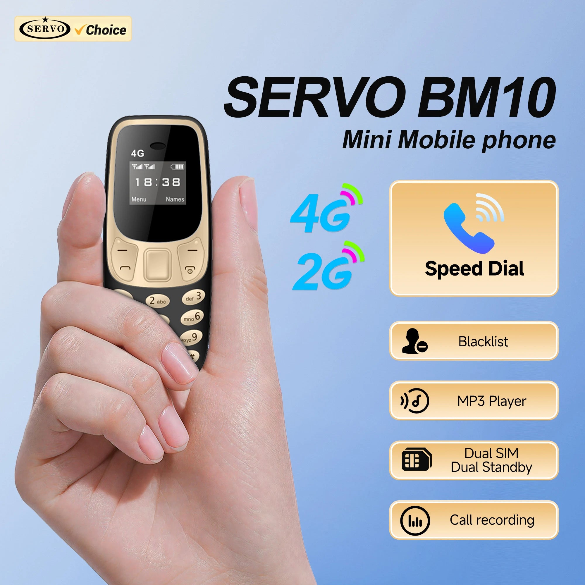 SERVO BM10 Mini Mobile Phone 2G GSM/4G LTE Speed Dial Call Recording MP3 Player Blacklist Dual SIM Standby Smallest Cellphones