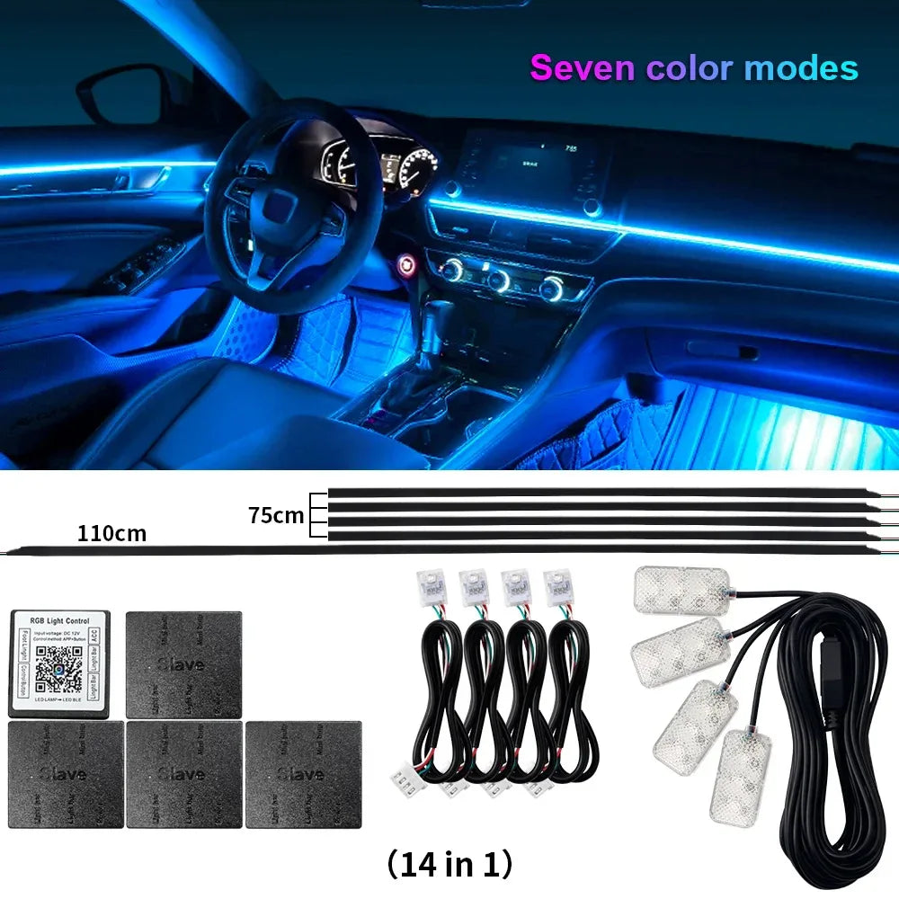18 in 1 Dual Zone Symphony Streamer Car Ambient Light Interior LED Full Color RGB Neon Acrylic Strip Atmosphere Lighting Kit App - 1Tecbuy