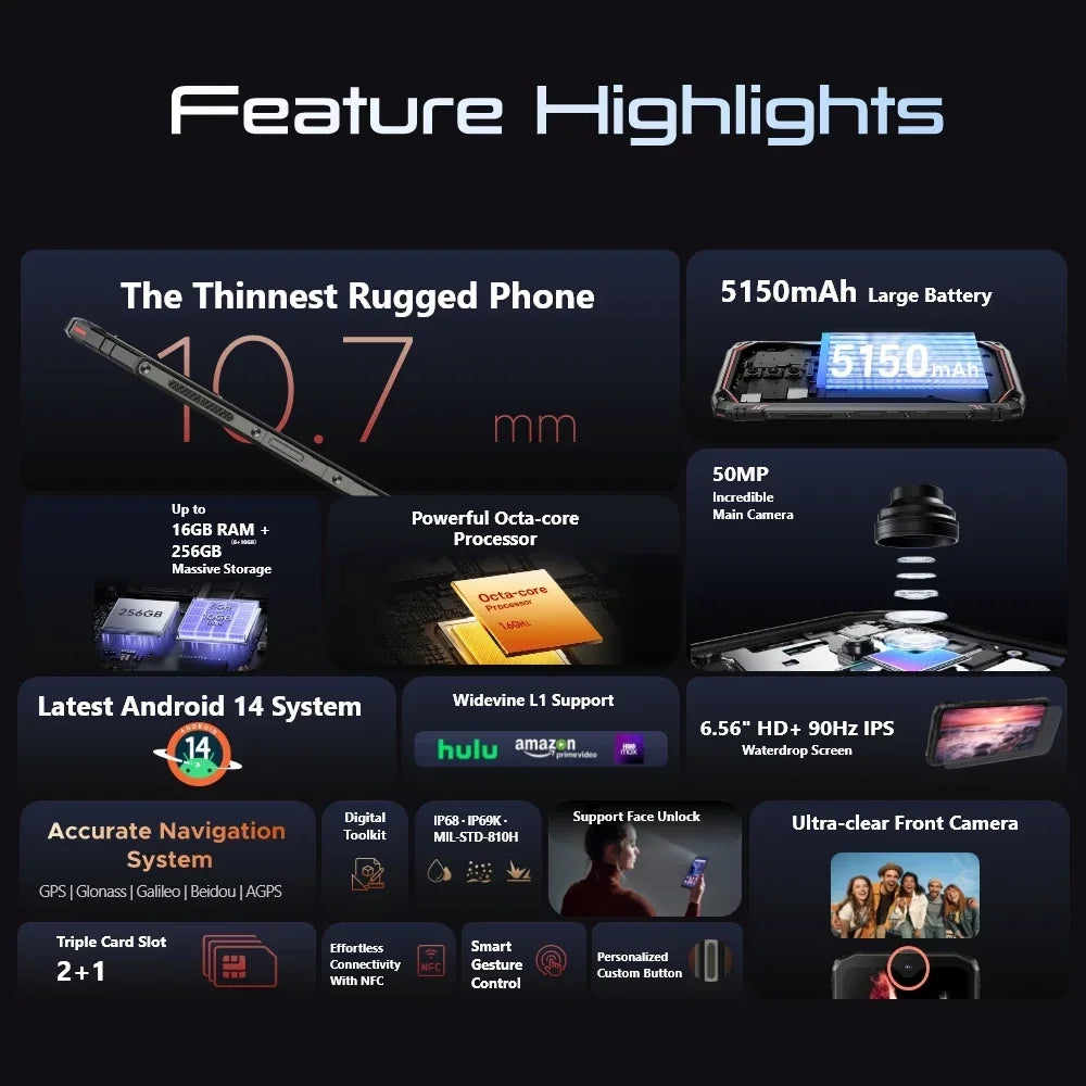 Global Version DOOGEE Blade10 Pro Rugged Phone Android 14 6GB+256GB Octa Core 6.56" 90Hz IPS Screen 50MP AI Main Camera 5150mAh