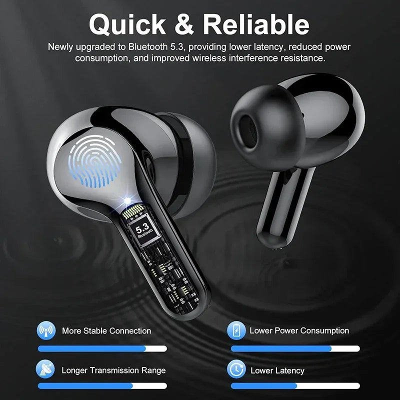 New Wireless Earbuds HiFi Stereo Headphones BT5.3 with ENC Noise Cancelling 48H LED Display Ear Buds IP7 Waterproof Earphones - 1Tecbuy