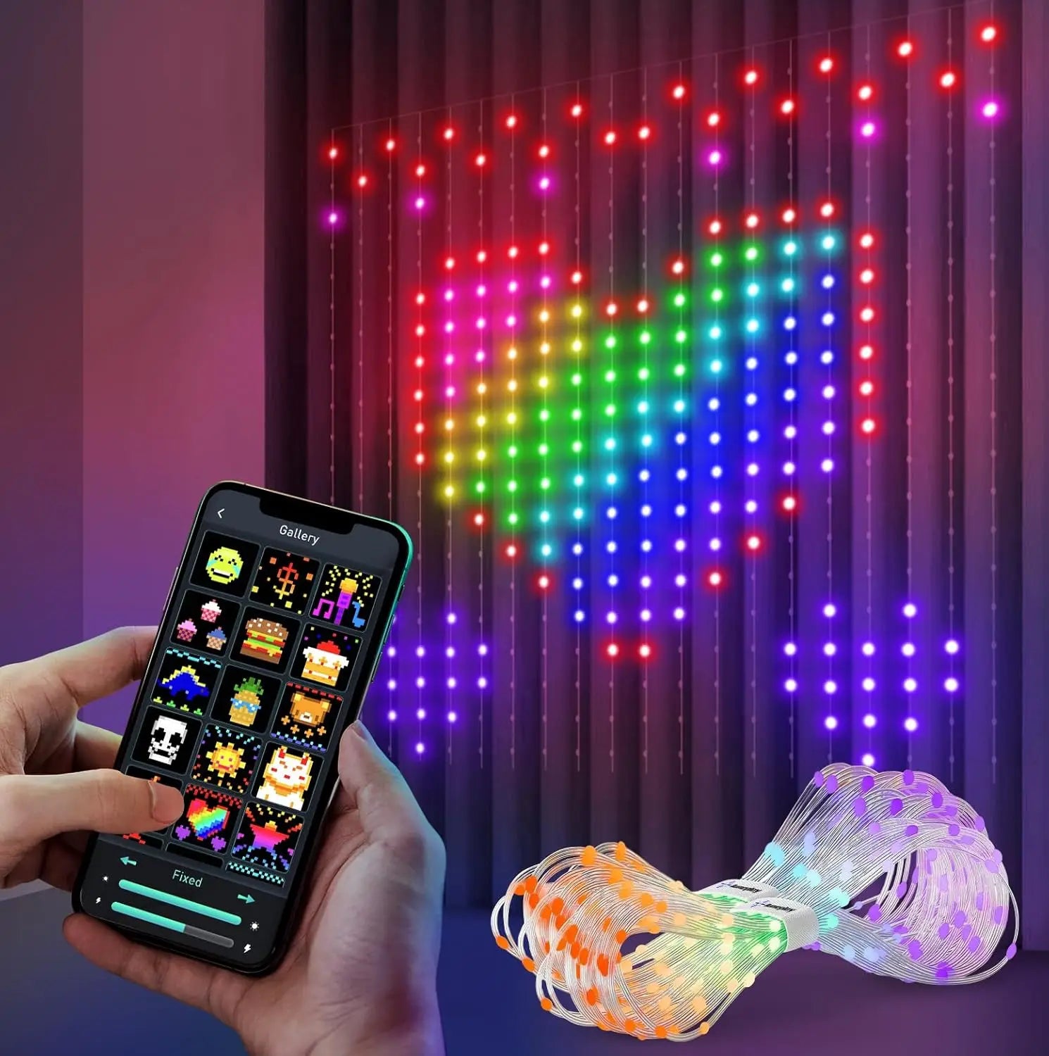 2m*2m/3m Smart Curtain Lights Bluetooth App LED String RGB Fairy Lights DIY Music Change Display for Window Bedroom Decoration