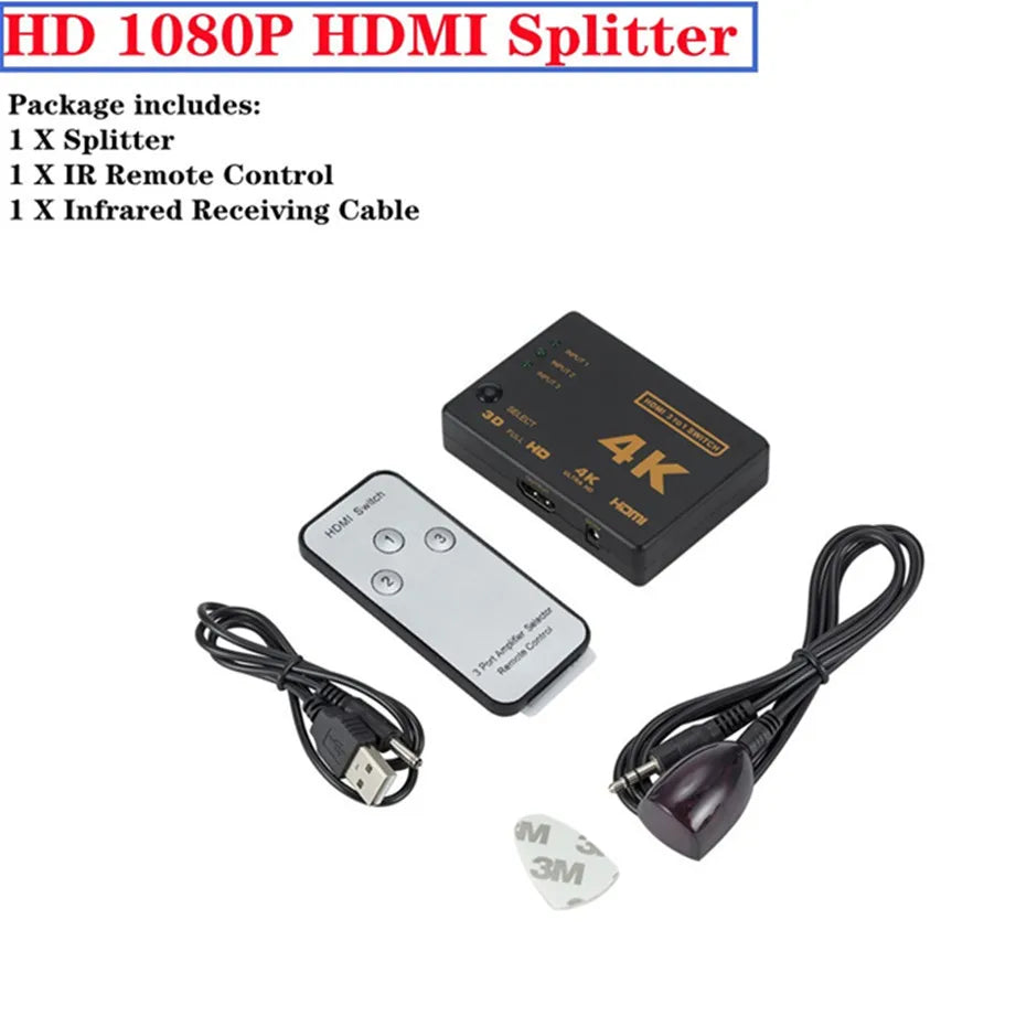 4K 2K 3x1 HDMI Cable Splitter HD 1080P Video Switcher Adapter 3 Input 1 Output Port HDMI Hub for Xbox PS4 DVD HDTV PC Laptop TV