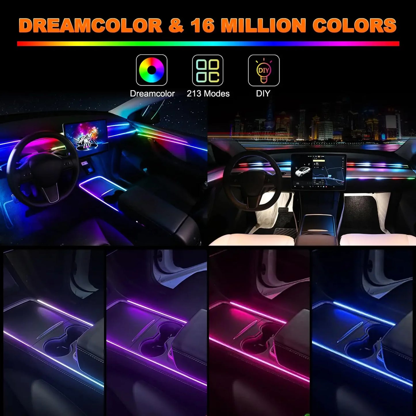 Universal Symphony Car Ambient Lights LED Interior RGB Streamer Atmosphere Lamp USB APP Control Remote for Tesla Model 3 Y S X - 1Tecbuy