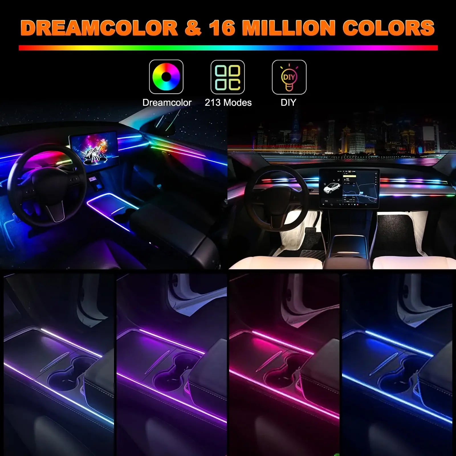 Universal Symphony Car Ambient Lights LED Interior RGB Streamer Atmosphere Lamp USB APP Control Remote for Tesla Model 3 Y S X - 1Tecbuy
