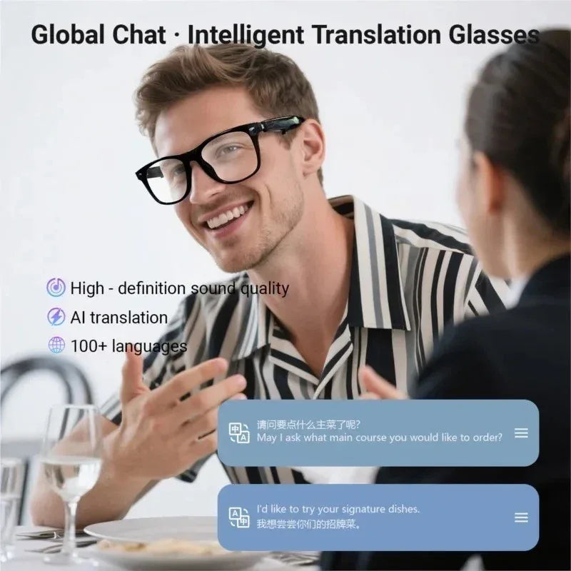 2026 Smart Glasses AI translation 100+ Languages Make Receive Calls Music Calling Noise Reduction Light BT TWS Glasses Men Women - 1Tecbuy