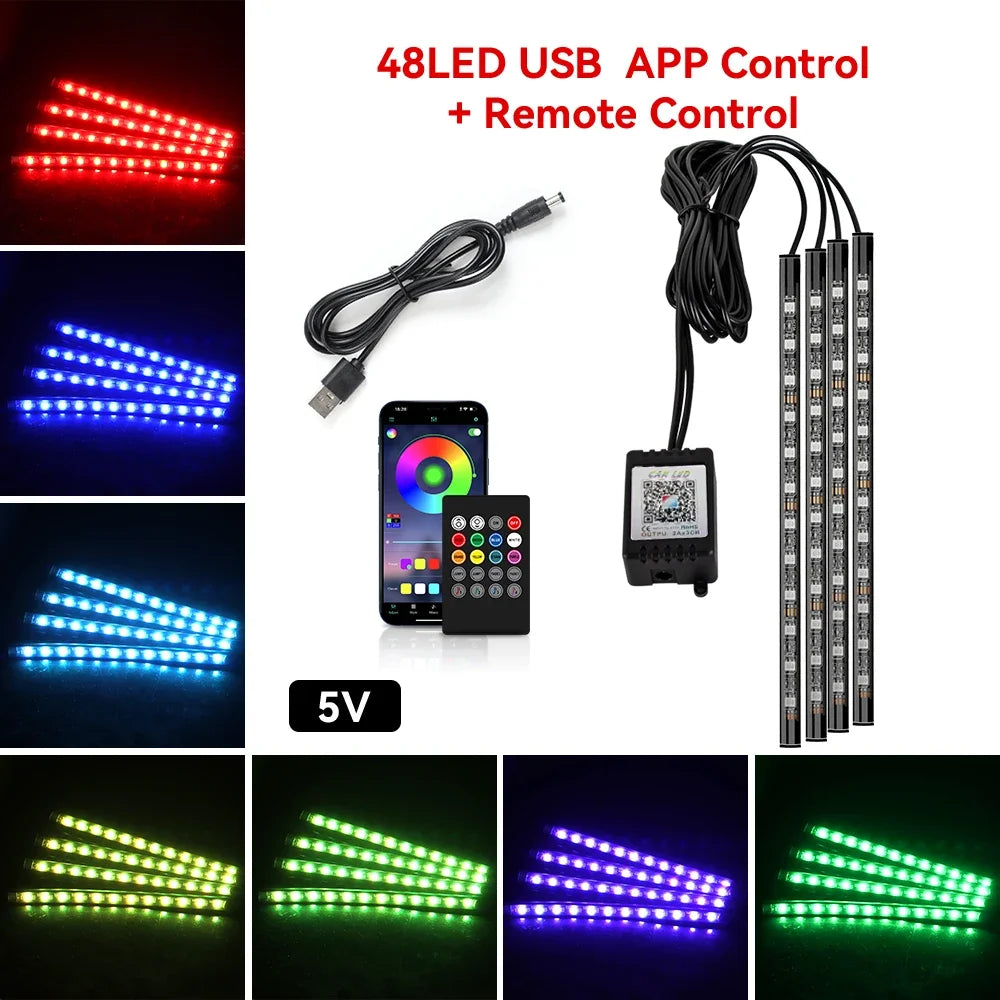 5V/12V Car Interior Ambient Foot Light Music APP USB/Cig Backlight  Atmosphere Decorative Strip Lamp Neon For Auto Vehicle