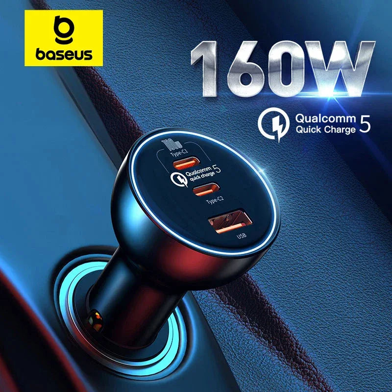 Baseus 160W Car Charger QC 5.0 Fast Quick Charging PPS PD3.0 USB Type C Car Phone Charge For iPhone 13 14 15 Pro Laptops Tablets - 1Tecbuy