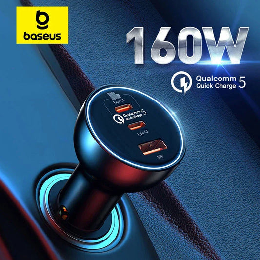 Baseus 160W Car Charger QC 5.0 Fast Quick Charging PPS PD3.0 USB Type C Car Phone Charge For iPhone 13 14 15 Pro Laptops Tablets - 1Tecbuy