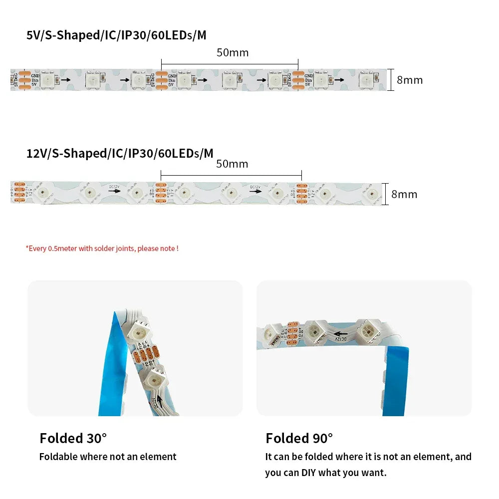 WS2812B WS2815 Individually Addressable RGBIC LED Strip 60Leds/m 8mm White PCB Bendable S Shape DIY Light Tape - 1Tecbuy