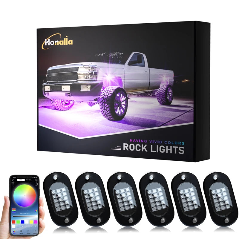 Honalia LED Rock Lights for Trucks 4/6/8/10/12 Pods RGB Truck Rock Lights Kits with App Control for ATV UTV RZR