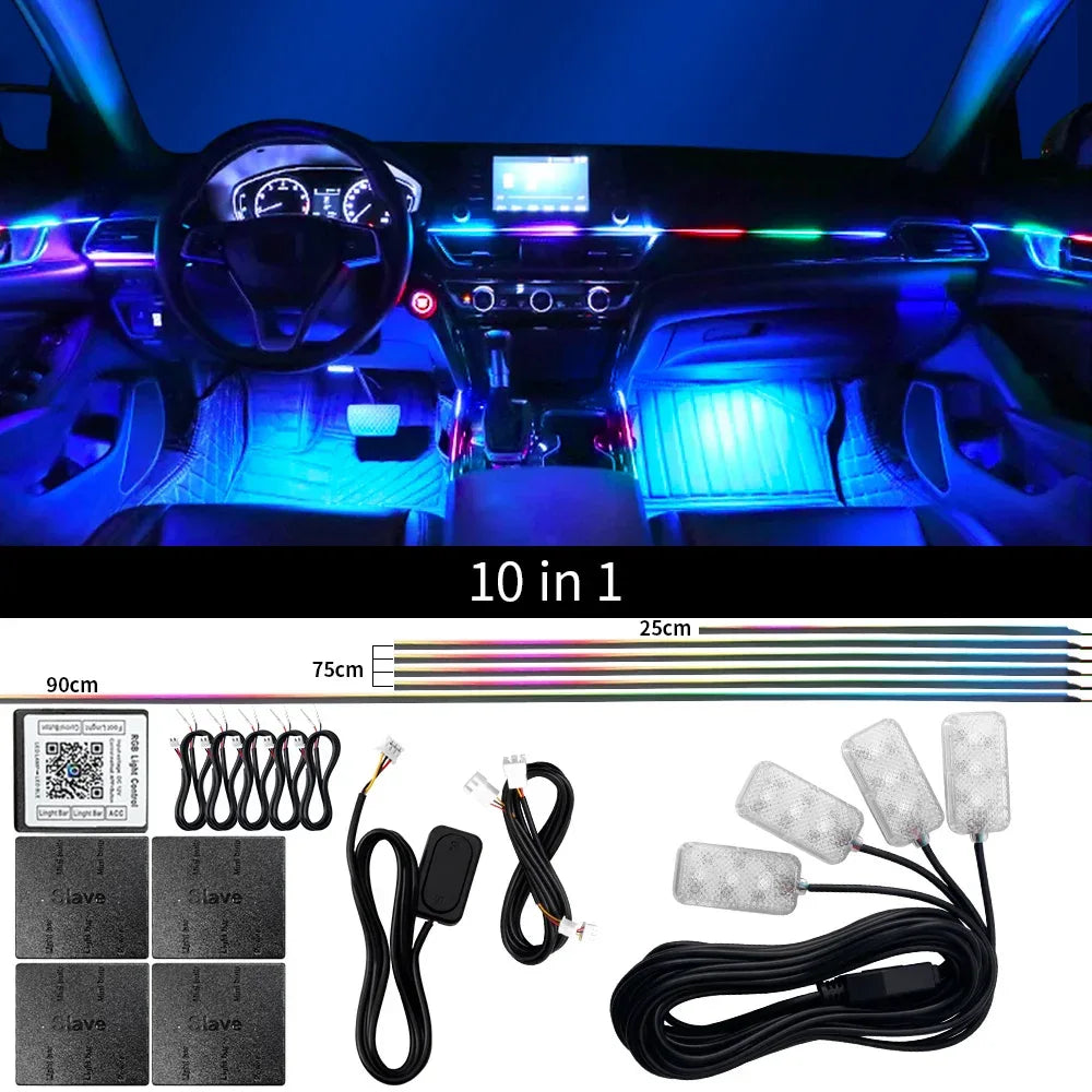 18 in 1 Dual Zone Symphony Streamer Car Ambient Light Interior LED Full Color RGB Neon Acrylic Strip Atmosphere Lighting Kit App - 1Tecbuy