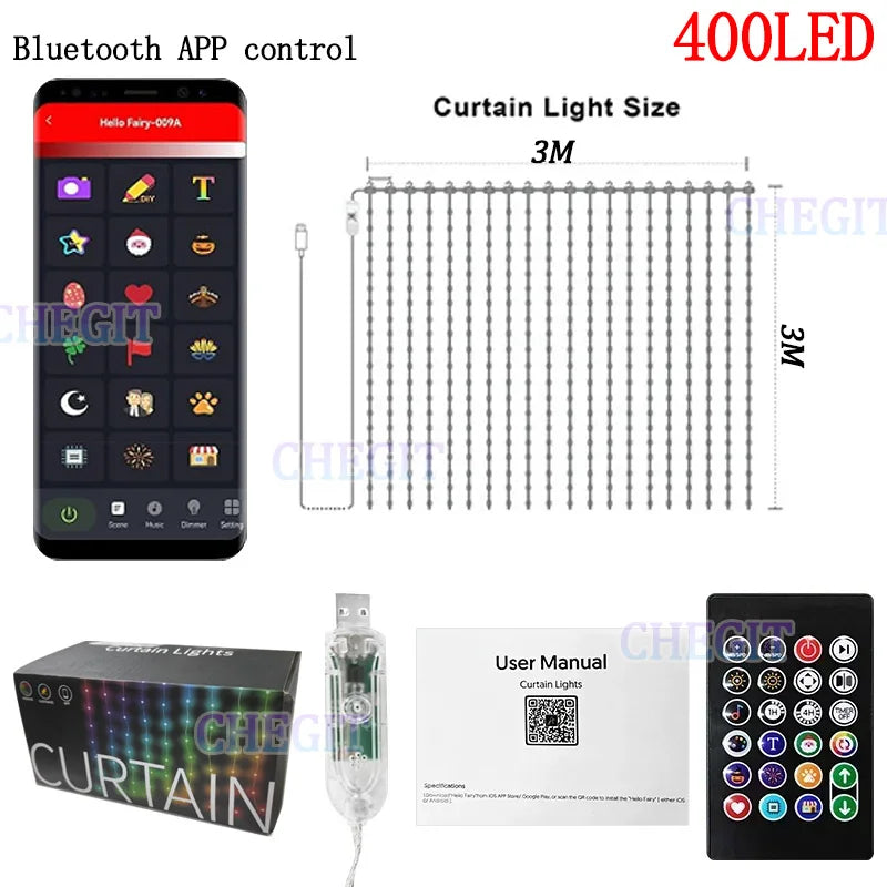 2m*2m/3m Smart Curtain Lights Bluetooth App LED String RGB Fairy Lights DIY Music Change Display for Window Bedroom Decoration