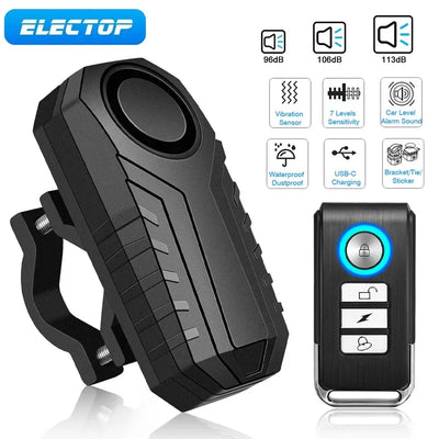 ELECTOP Bicycle Alarm 113dB Anti-Theft Wireless Vibration Remote Control Bike Motorbike Alarms Home Outdoor Security Protection - 1Tecbuy