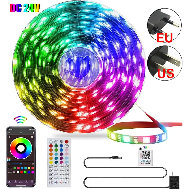 Dc 24V Rgb Led Lights Room Ice String 5M 10M 15M 20M 30M 40M Rgb Tape Bluetooth App Control Led Lights Strip Plug Self-Adhesive