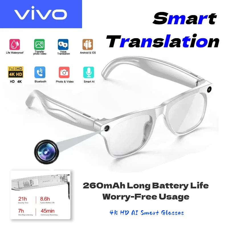 VIVO 4K HD AI Smart Glasses GPT100MP Multifunctional Camera Chat Bluetooth Call Voice Assistant Music Player Smart Translation - 1Tecbuy