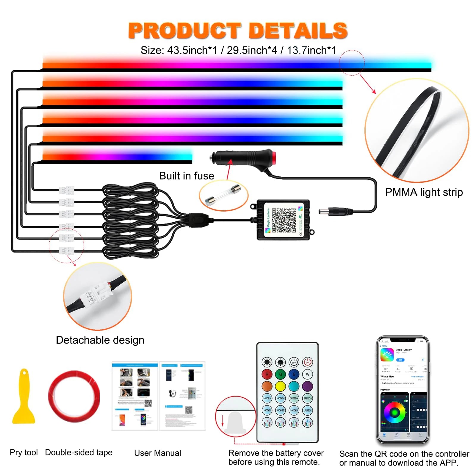 Universal Symphony Car Ambient Lights LED Interior RGB Streamer Atmosphere Lamp USB APP Control Remote for Tesla Model 3 Y S X