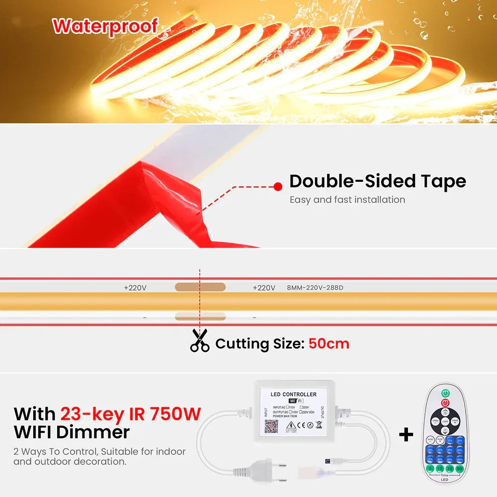 220V Dimmable COB LED Strip Light WIFI Bluetooth Wall Touch 23key Remote Control Power Kit 288LED IP67 Waterproof Flexible Lamp - 1Tecbuy