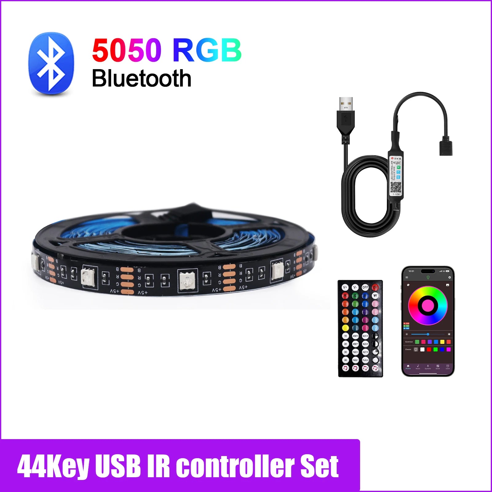 DC 5V USB RGB LED Strip Kit Black PCB Bluetooth/3Key/44Key IR Remote Control Flexible Ribbon Led TV BackLighting