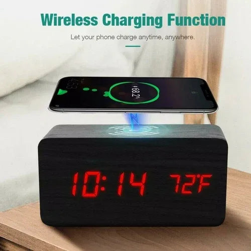 Wooden Digital Alarm Clock with Wireless Phone Charging Pad - 1Tecbuy