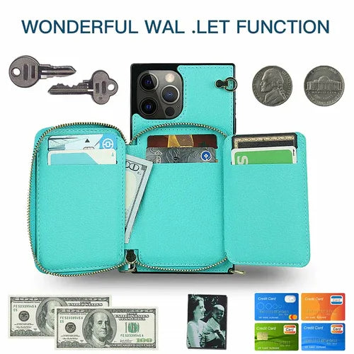 Zipper Wallet Case with Adjustable Crossbody Strap for iphone - 1Tecbuy