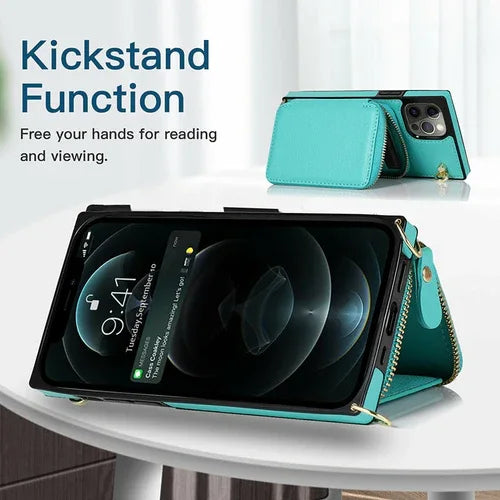 Zipper Wallet Case with Adjustable Crossbody Strap for iphone - 1Tecbuy